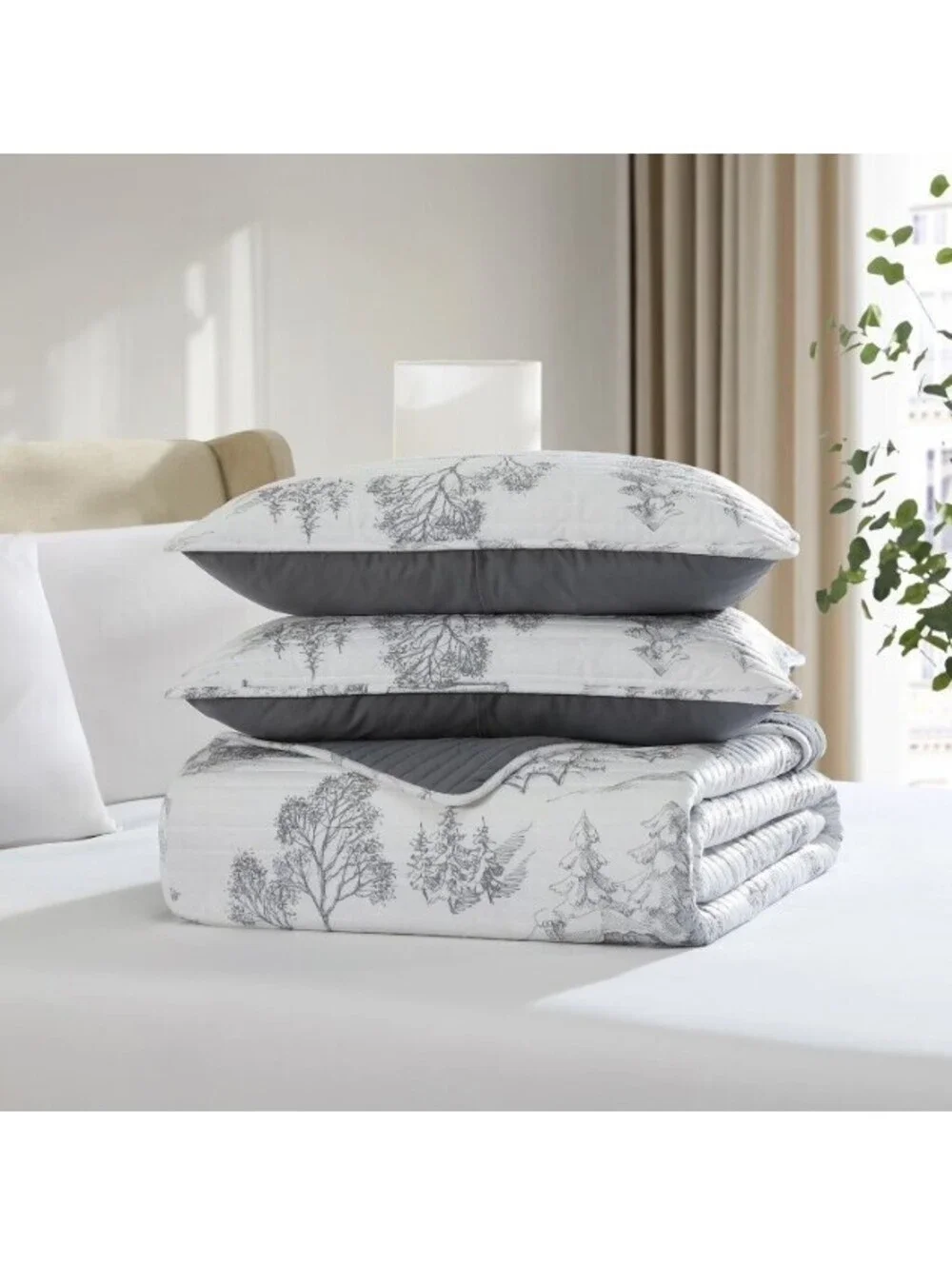 Lenox 3-Piece Quilt Set (Winter Scene Gray / White) FULL/QUEEN